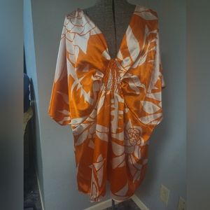 PLUS SIZE LANE BRYANT ORANGE SATIN HAWAIIAN PRINT TOP